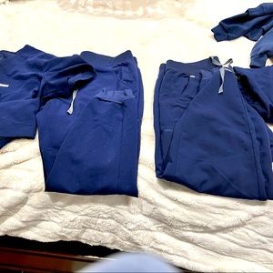 3 pairs of FIG jogger scrub bottoms and 2 tops (1 lg, lg pet, med, & tops xl)